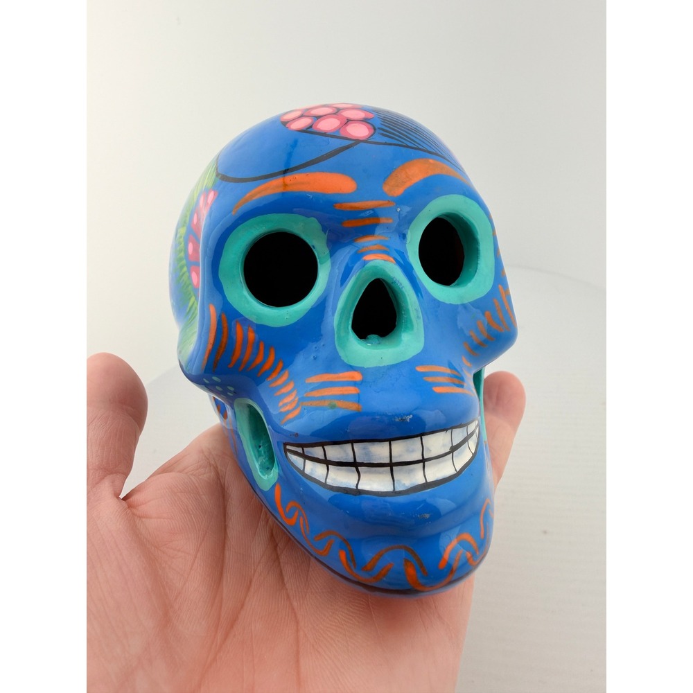 Hand Painted Mexican Folk Art Sugar Skull Calavera - Blue Peacock Design